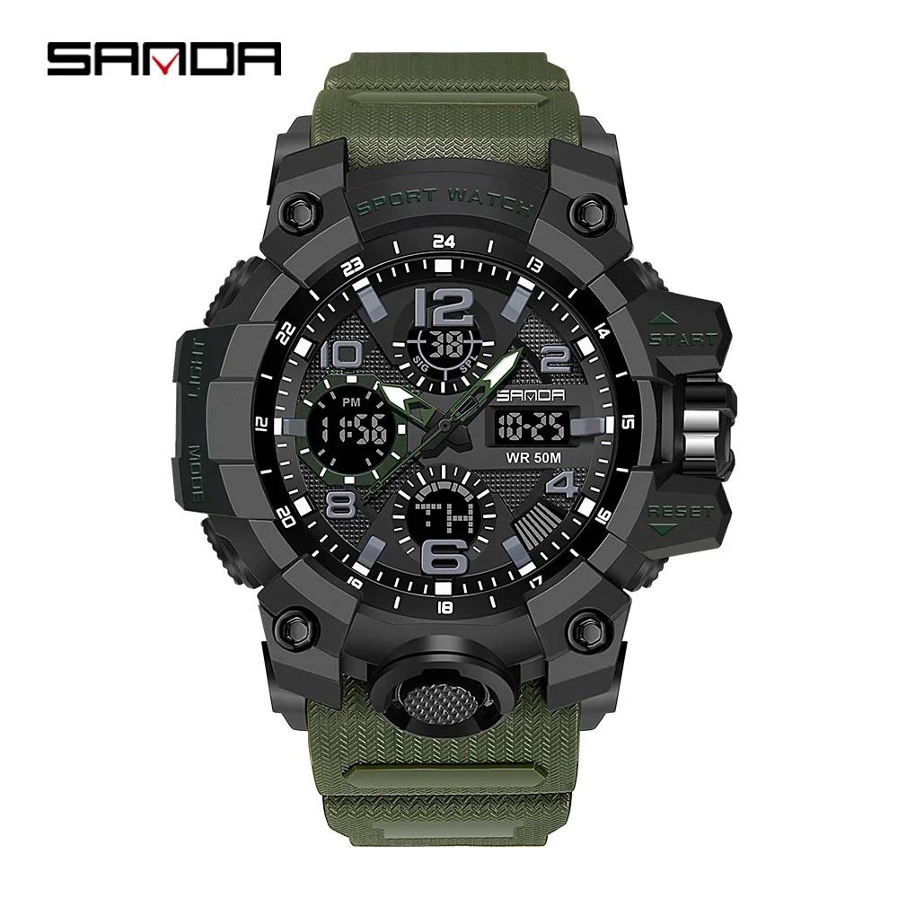 SANDA 6021 LED Dual Display Quartz Wristwatch Mens Digital Clock Military Stopwatch Reloj HombreSport Watch for Men Waterproof