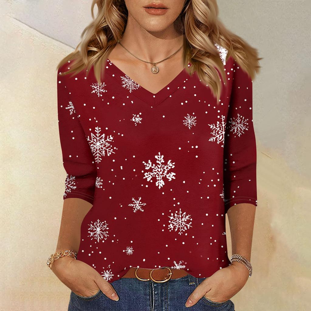 Women's T Shirt CHristmas Print 3/4 Sleeve Daily Weekend Fashion Basic V- Neck Regular Top