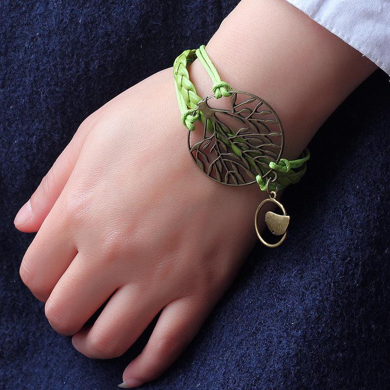 European-American Fashion Bracelet: Big Tree & Little Bird Natural Style, Adjustable PU Woven Rope Jewelry