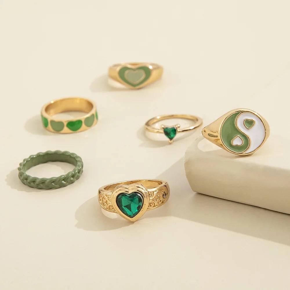 New Green Crystal Heart Kunckle Rings Set For Women Enamel Yin Yang Geometric Finger Ring Girls Fashion Jewelry