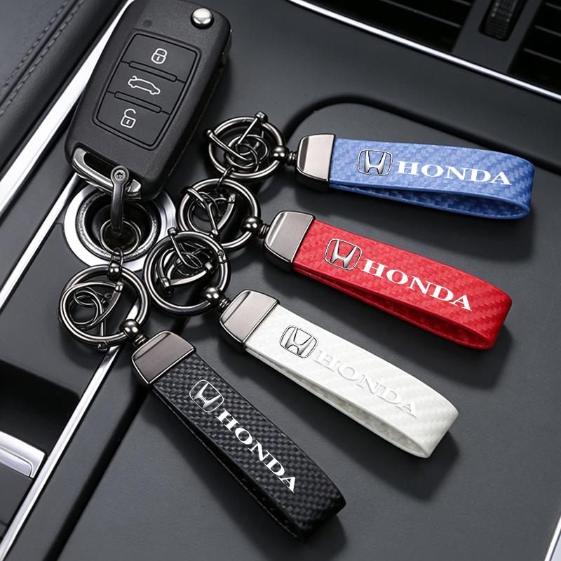 Carbon Fiber Leather Car Keychain Auto Emblem Key Ring For Honda Civic Accord Crosstour Spirior Odyssey Avancier UR-V Sienna JS1