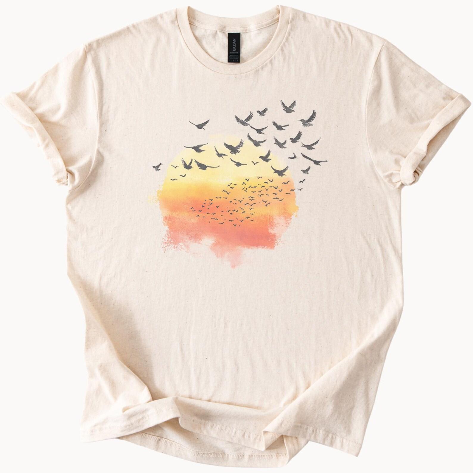 Sunset Birds Graphic T Shirt Watercolor Sunrise Flock of Birds Flying Nature Art Tee Summer Aesthetic Shirt Unique Gift for Nature Lovers 110