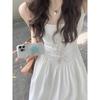 Kumikumi New Chinese Embroidery Sling Dress Women Summer Seaside Holiday Style High Waist Slimming White Long Dress