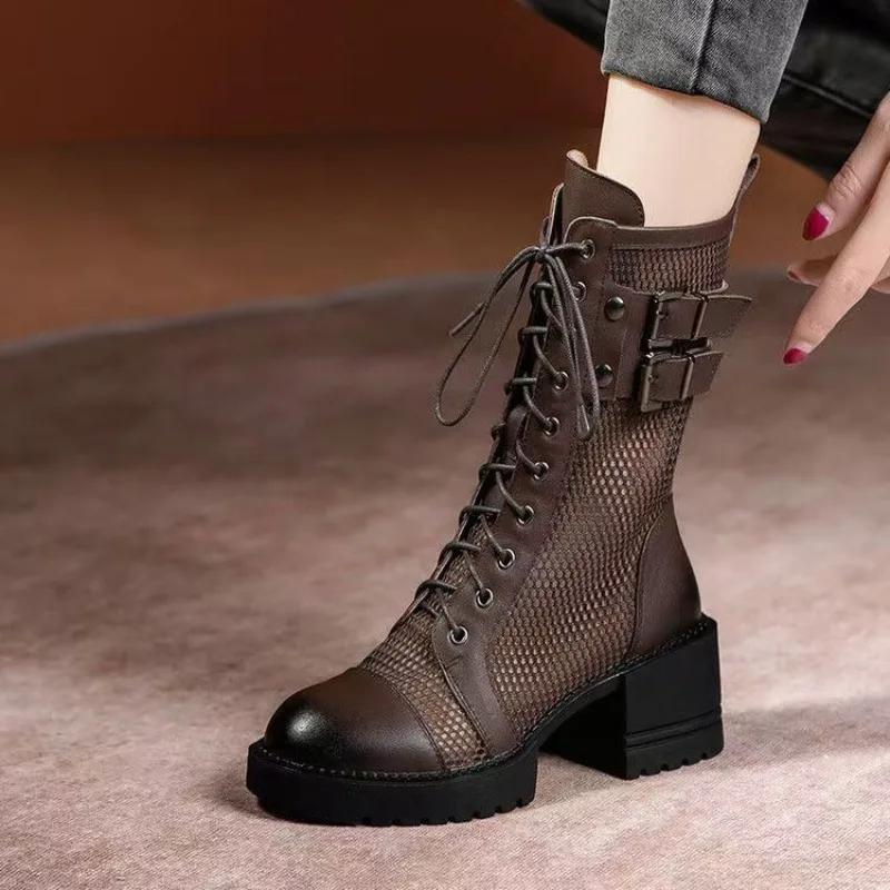 

Fashion 2025 Mesh Women s Spring and Summer New Cool Boots Chunky Heel Brown Mesh Boots Hollowed Out Retro 35