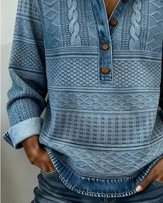 2025 European Style Knit Lapel Long Sleeve Women's Shirt - Versatile Casual Patchwork Denim for Autumn/Winter