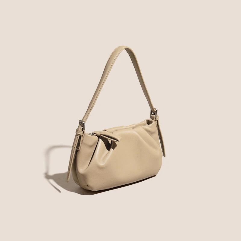 New Western Style Soft Leather Net Red Envelope Women's Solid Color Cowhide Cloud Bag Handheld One Shoulder Diagonal Cross Folded Dumpling Bun