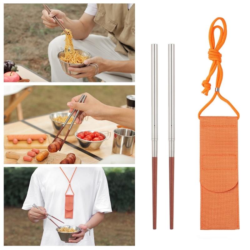 Reusable Folded Chopsticks Portables Stainless Steel Wood Natural Chopsticks for Camping and Picnics