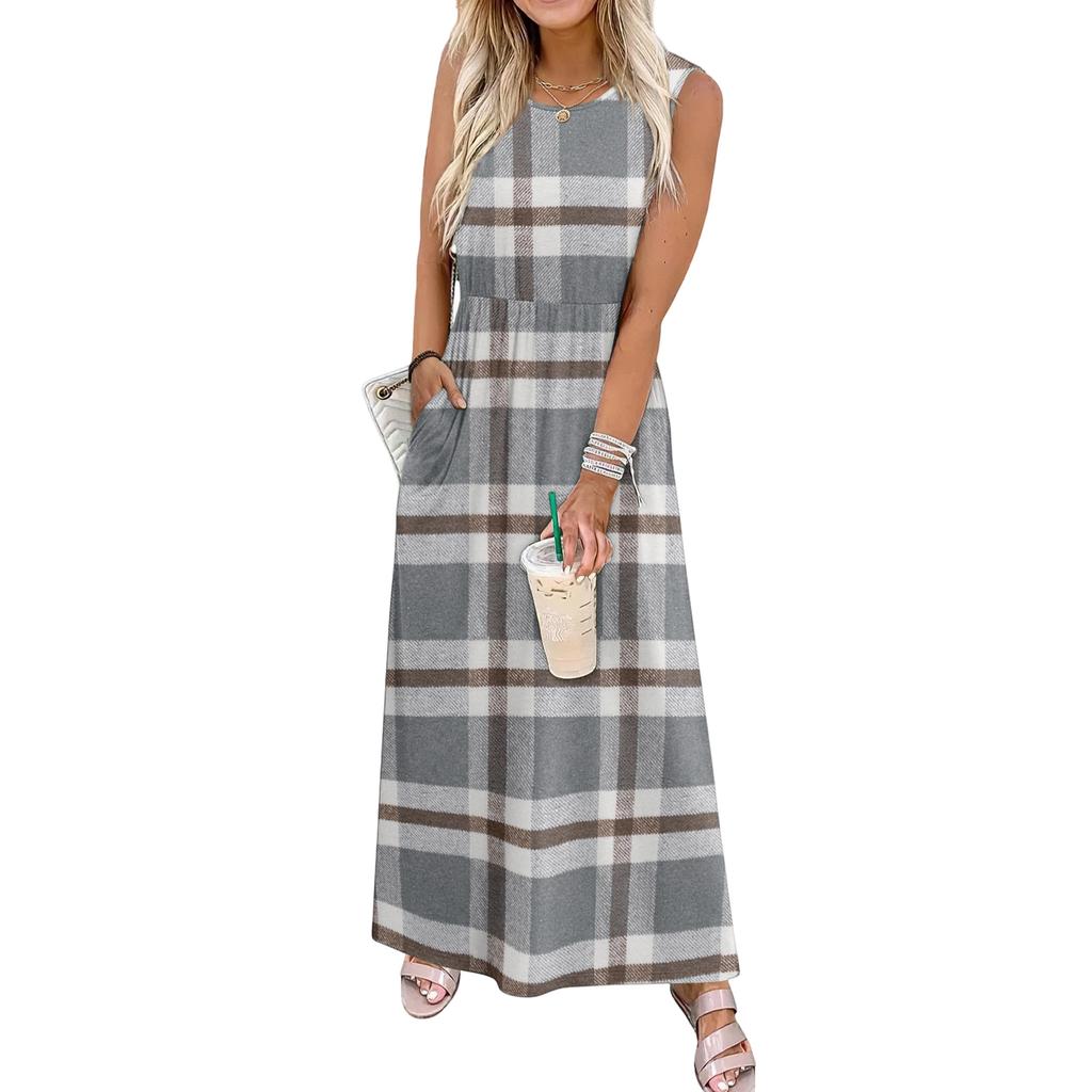 Ladies' Plaid Printed Casual and Fashionable Waist Cinched Sleeveless Dress