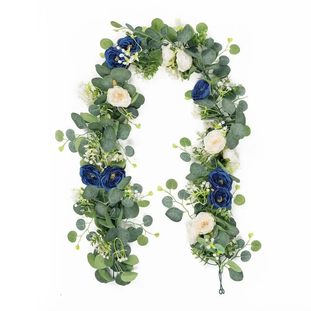 1pcs Artificial Rattan 180cm/6ft Artificial Eucalyptus Garland With Navy Blue White Roses For Weddings Festive Party Decoration
