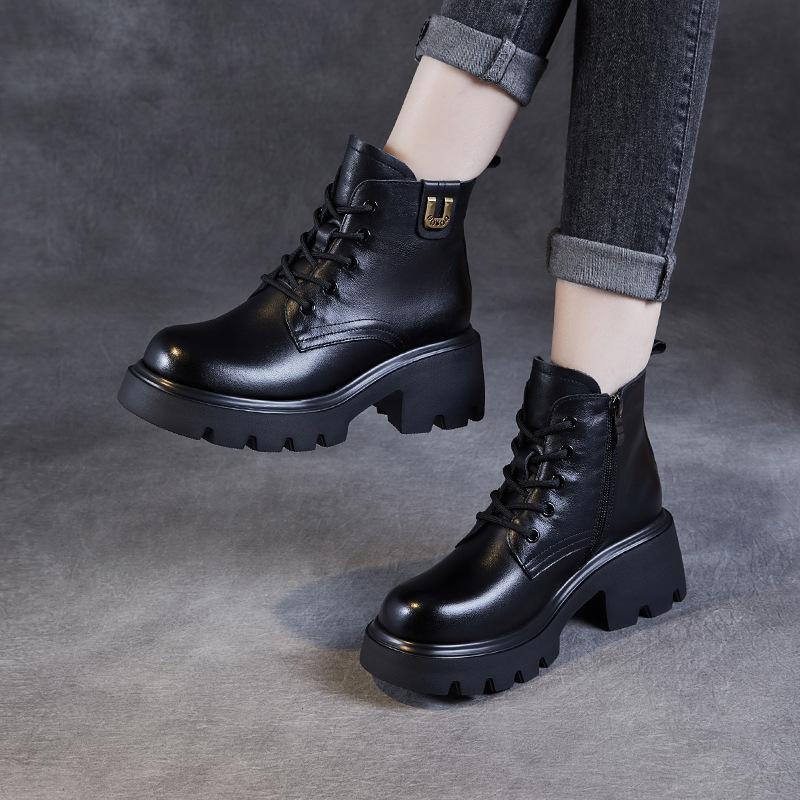 Leather Martin boots women's autumn and winter single boots 2026 new velvet thick heel platform short boots