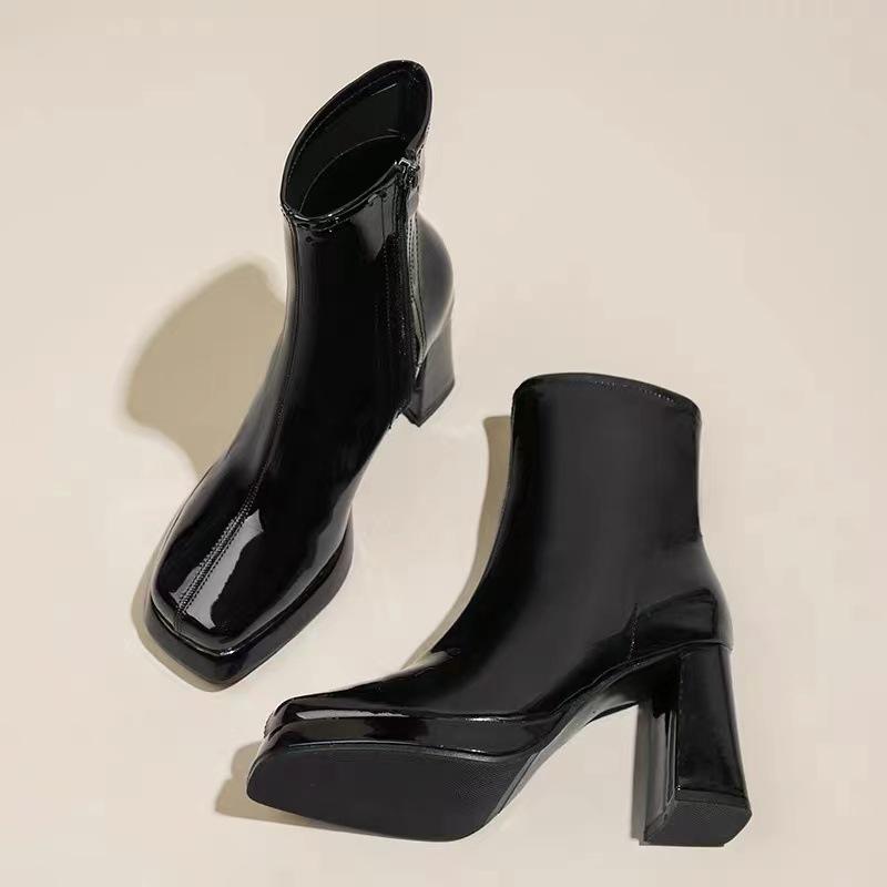 

Yan Shun 2024 Женские ботильоны челси на платформе и высоком каблуке из французской лакированной кожи на массивной подошве 36