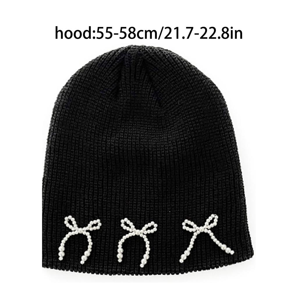 Black Women Beanie Hat Jeweled Pearls Girls Hat Photo Props Versatile Bows Studded Hat for Autumn and Winter
