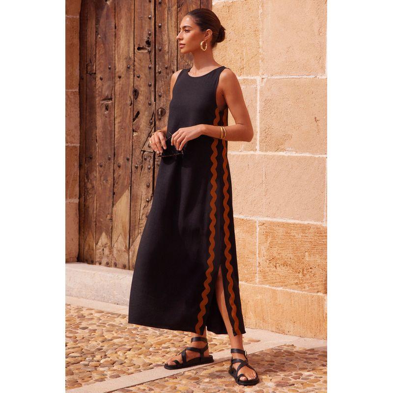 

Long Length Dress New Women Casual Sleeveless round Neck Patchwork Lace Split Mid-Length Dress Black S
