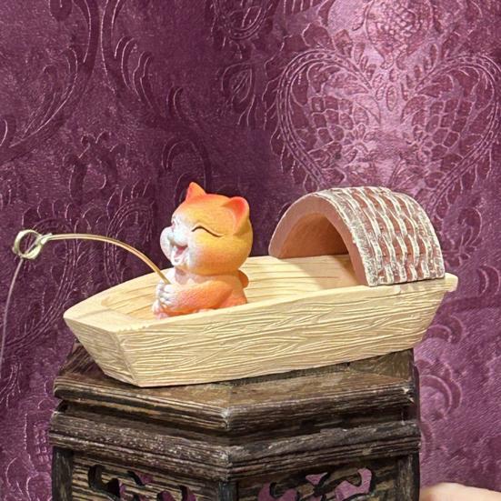 Floating Fishing Cat Figurine Black Awning Boat Cartoon Cat Statue Resin Sculpture Fish Tanks Aquarium Micro Landscaping Decoration Ornament