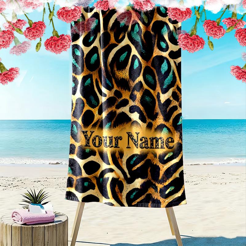 Name Custom Cow Leopard Pattern Print Beach Towel, Large Soft Quick Dry Towel for Beach Camping Swimming