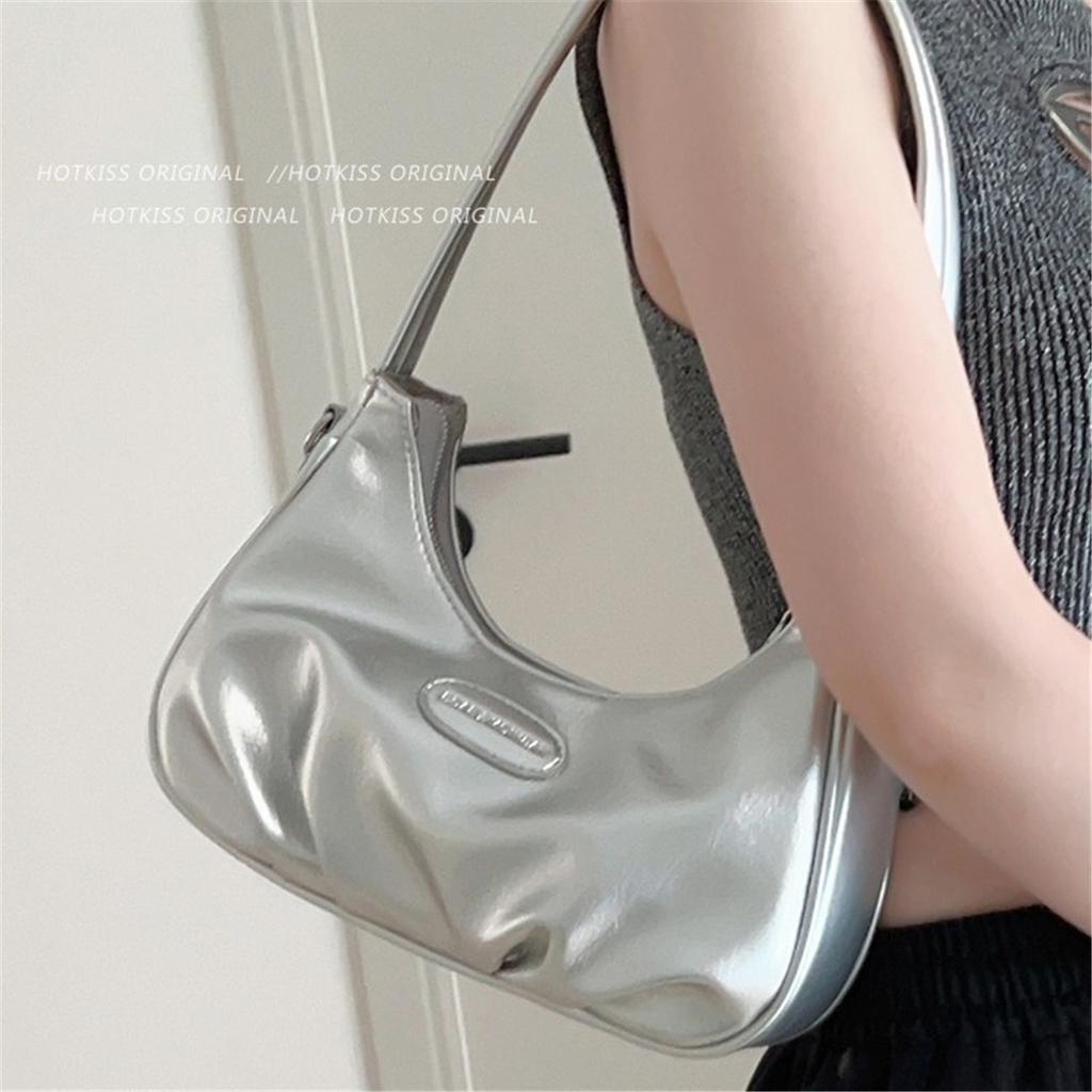 Textured Silver Bag Women's Single Shoulder Messenger Bag High-grade Pleated Underarm Crescent Bag