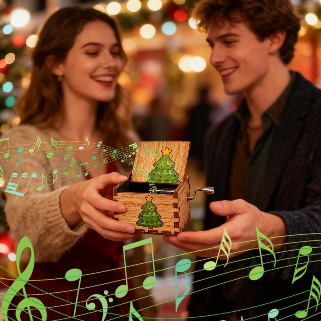 Christmas Music Box Decoration Wood Hand Crank Holiday Decoration Festive Desktop Music Box for Enthusiasts Collectors Home