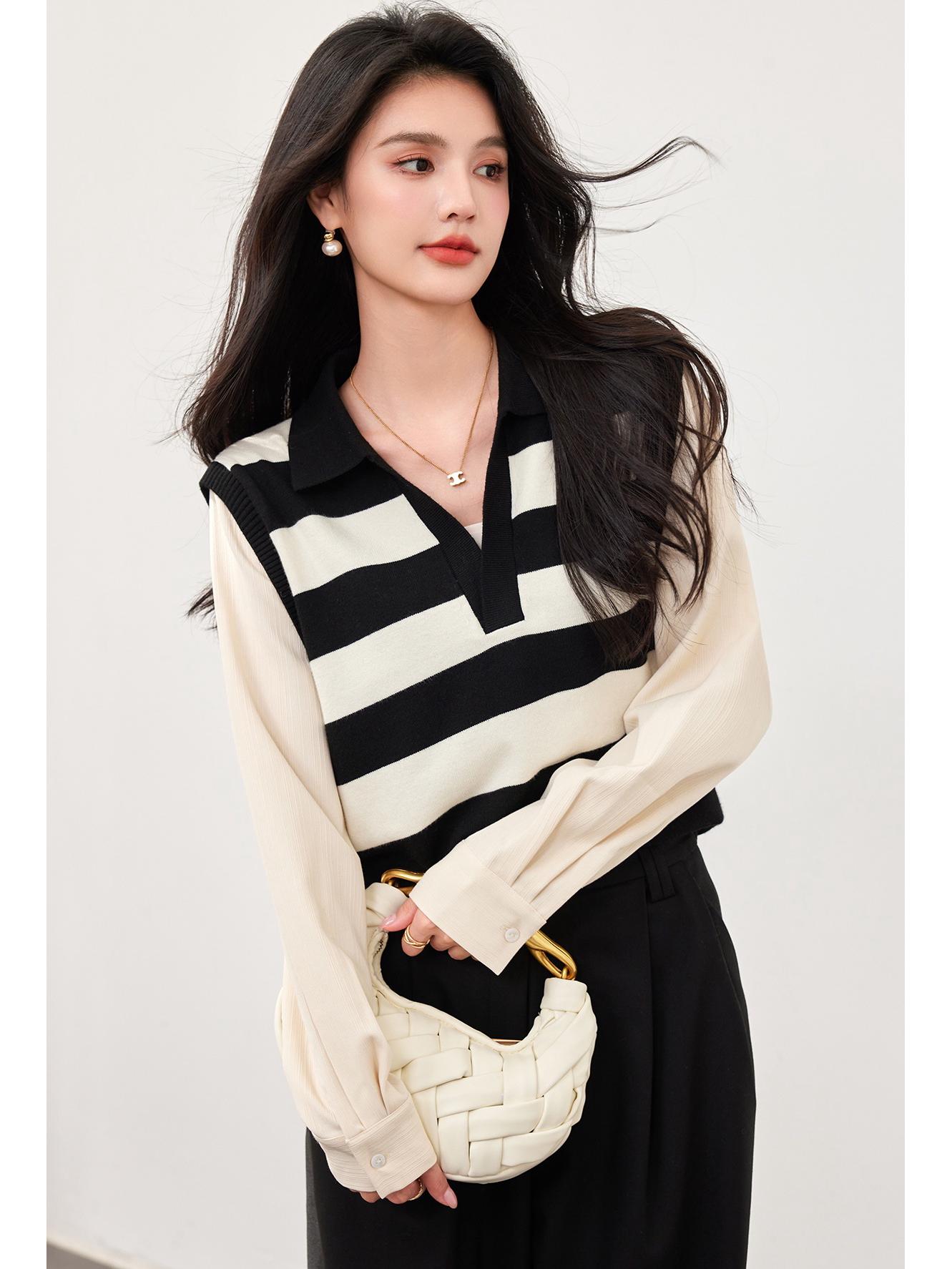 

2025 Spring Striped Patchwork Long-Sleeve Women s Shirt - Versatile Niche Top S