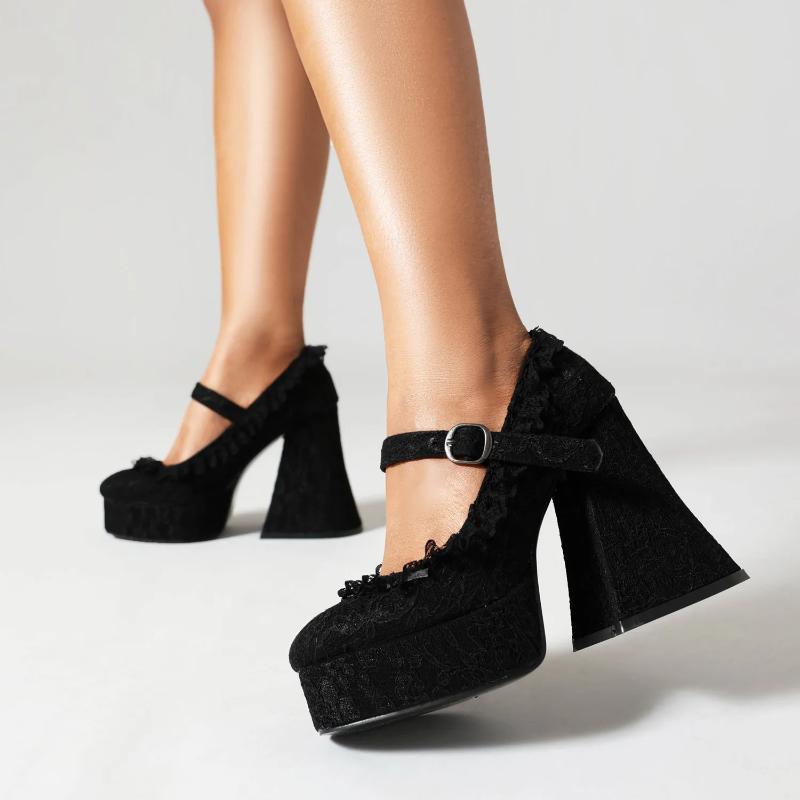 One Button Waterproof Platform High Heels Elegant Shoes with Thick Sole Lace Edging Mary Jane Shallow Single Shoes