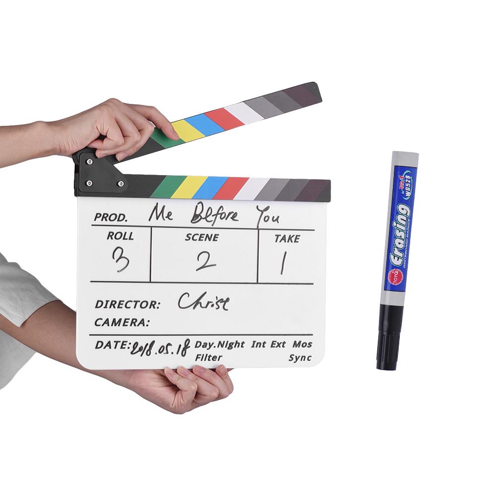 Professional Acrylic Clapboard Dry Erase TV Film Movie Director Cut Action Scene   Board Slate With Marker Pen Eraser