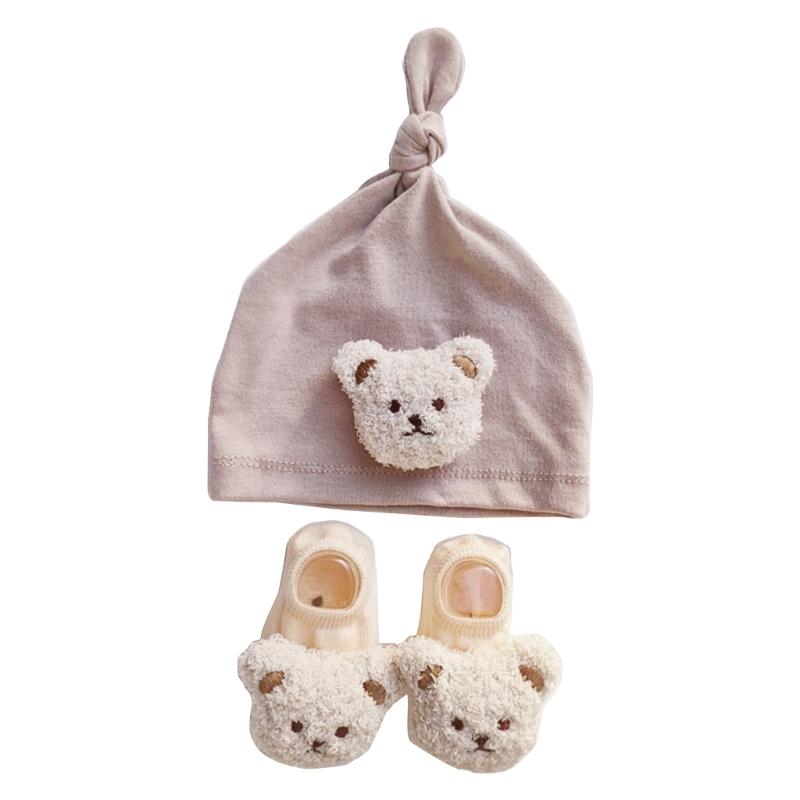 Winddichte Mütze und Bodensocken-Set für Säuglinge Niedliche Bär-Baby-Beanie-Mütze, Neugeborenen-Knotenmützen, Cartoon-Kleinkindermütze