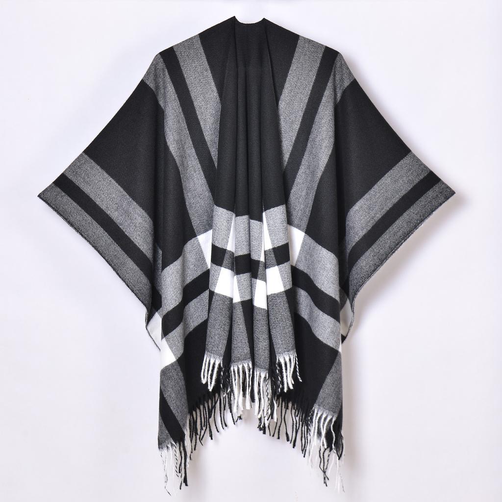 Foreign Trade, New Tassel Split Shawl Autumn and Winter Women's Simple Plaid Jacquard Scarf Cape