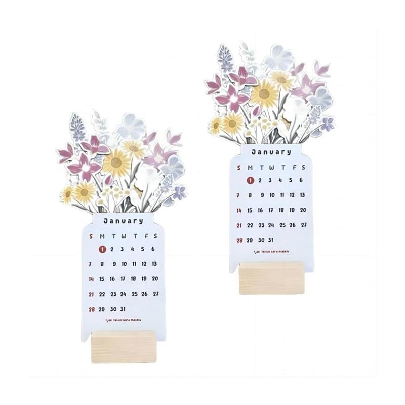 AEE4-2PCS 2026 Bloomy Flowers Desk Calendar, Desk Calendar 2026, Mini Desk Calendar, 2026 Flower-Themed Calendar