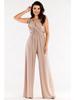 Elegant Jumpsuit with a Wrap Neckline Made of Brocade Knit Fabric, Beige S