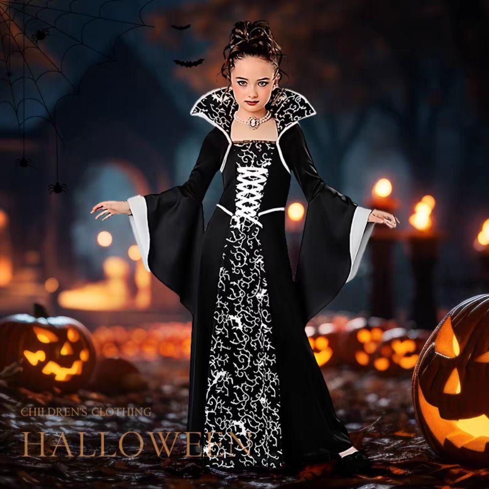 Lace Up Halloween Clothing Bell Sleeve Children Medieval Printed Dress  Kids