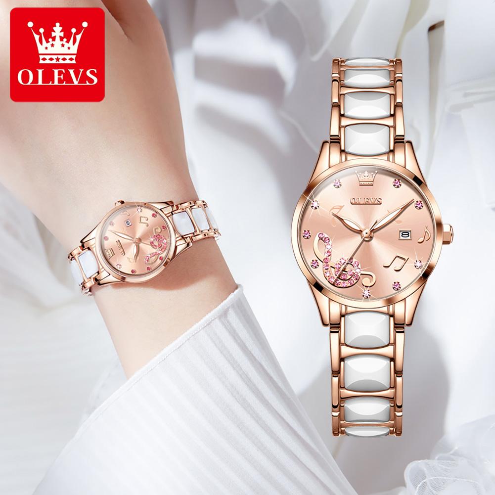 OLEVS Brands Fashion Rhinestone Quartz Watch for Women Luxury Ceramic Strap Waterproof Calendar Ladies Wirstwatch Reloj Mujer