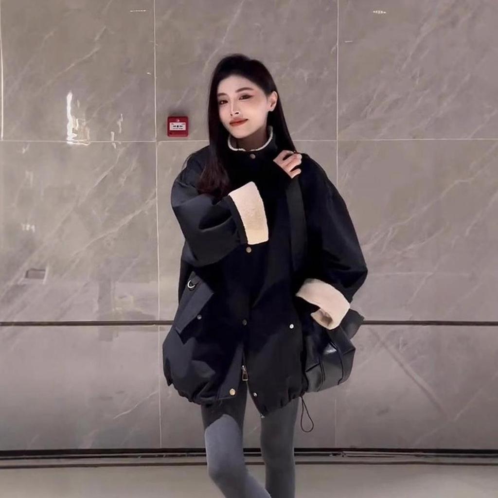 Women's 2024 Winter European Style Stand-Up Collar Fleece-Lined Thick Warm Lamb Wool Jacket Coat