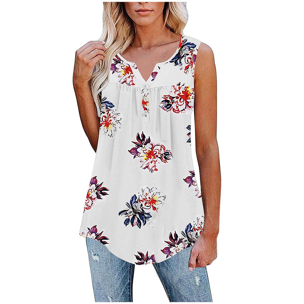 Fashion Womens Summer V-neck Sleeveless Prints Tops Ruffle Loose Tunic Blouse