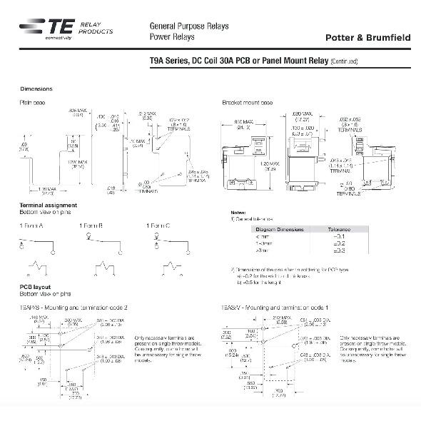 TE Potter & Brumfield (1-1419104-7) T9AS1D22-12 (Pack of 2) 30A Relay 240VAC 30 amps 240 Volts, SPST NO