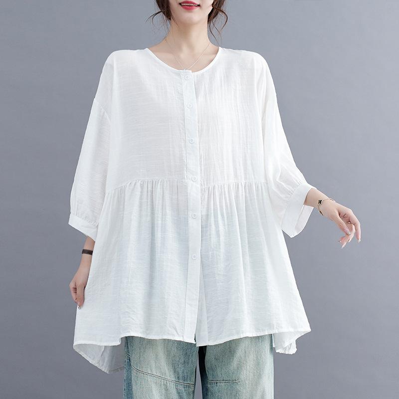 Johnature Summer Thin Simple Solid Color Women Tops Casual O-neck Loose Irregular Short Sleeve All Match Shirts