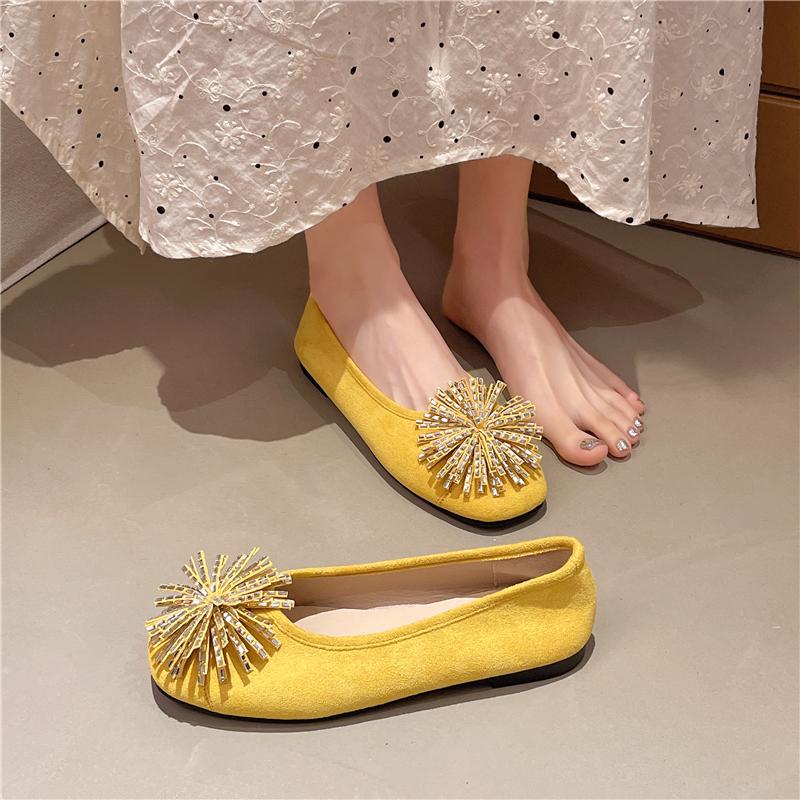 Low Heel Single Shoes Summer New Square Toe Shallow Mouth Rhinestone Flower Soft Sole Non-slip Low-top Shoes