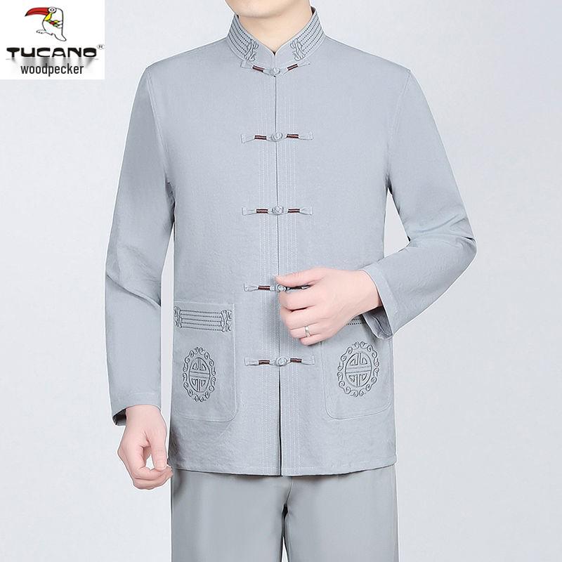 

Woodpecker Men s Long Sleeve Cotton Linen Tang Suit for Middle-Aged & Elderly - Autumn Casual Set for Dad & Grandpa Size 44 for 190-205 lbs