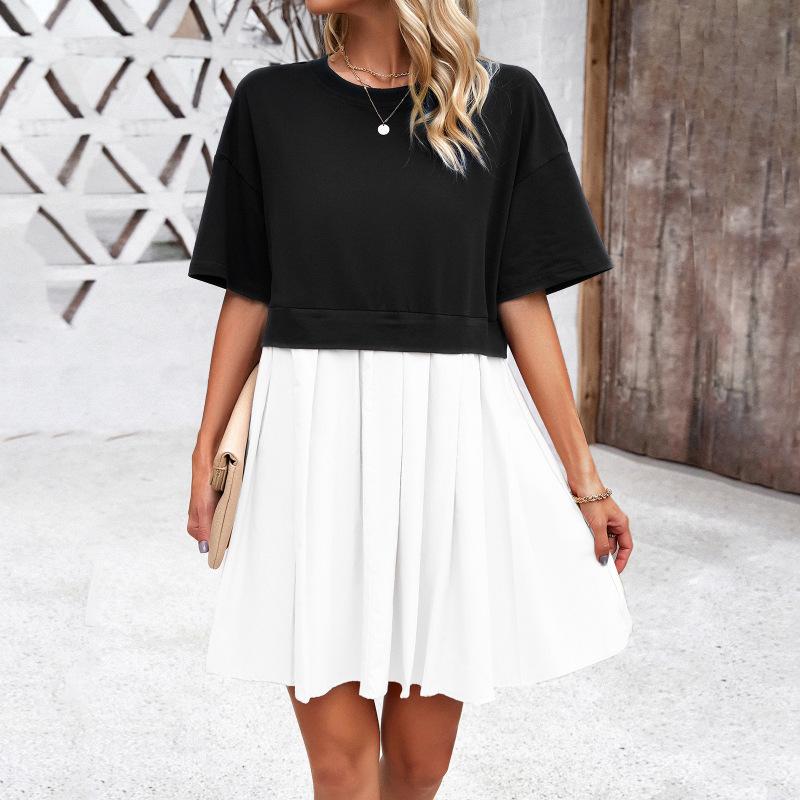 Elegant Short Sleeve Patchwork Dress Spring Summer Midi Dresses for Women
