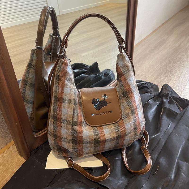 Cartoon puppy backpack bag women's new college plaid tote bag large-capacity shoulder bag