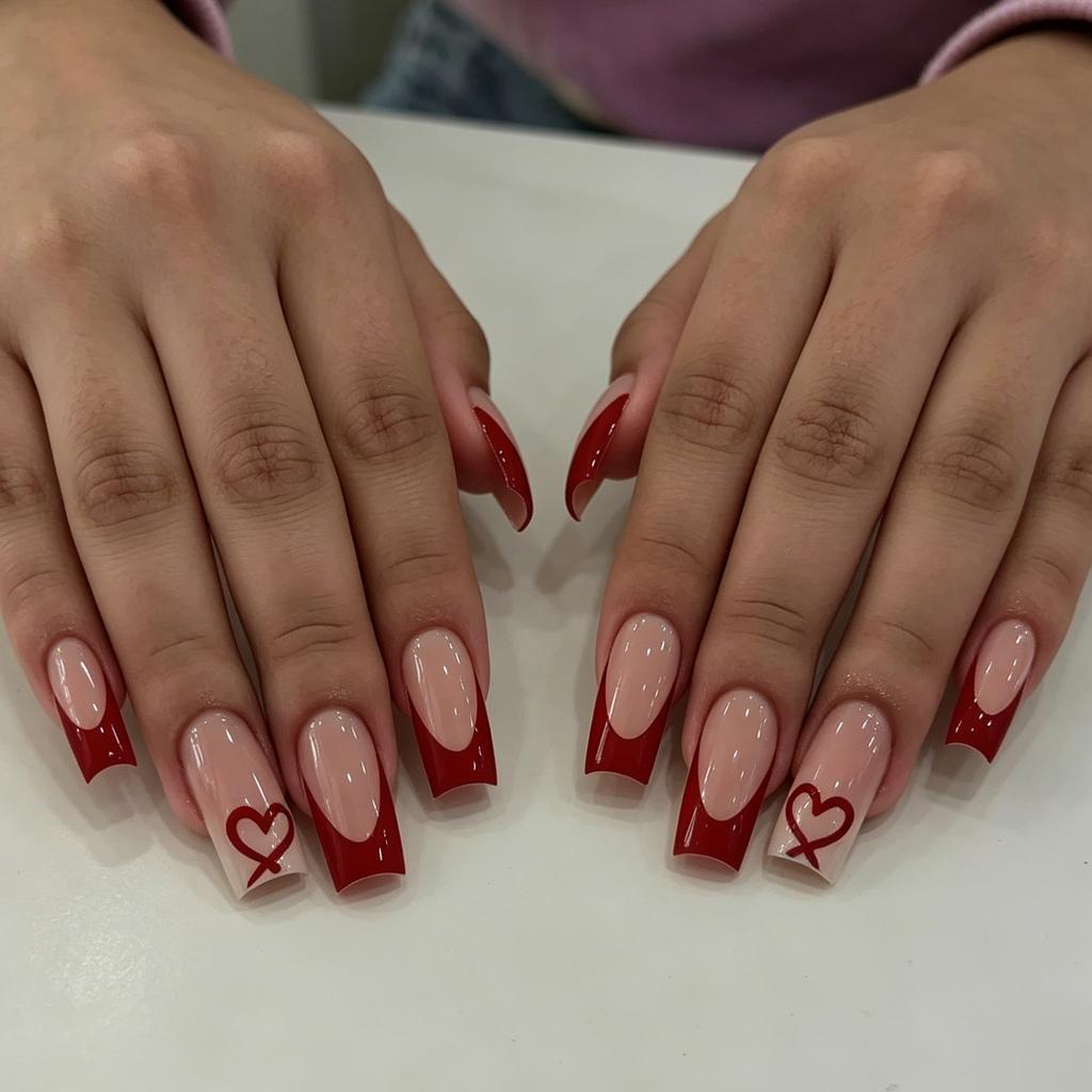 24 Nail Art Red French Love Pure Desire Valentine'S Day Versatile Medium And Long Square Nail Wear