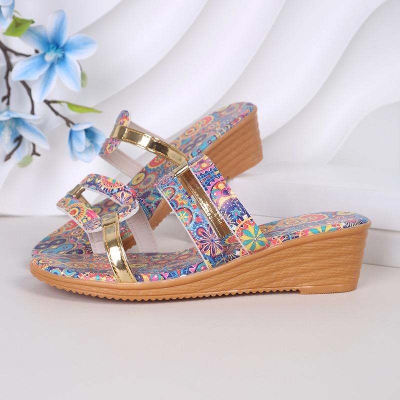 

Summer new large-size printed cool slippers women s round head one-word wedge heels women s slippers 43 синий