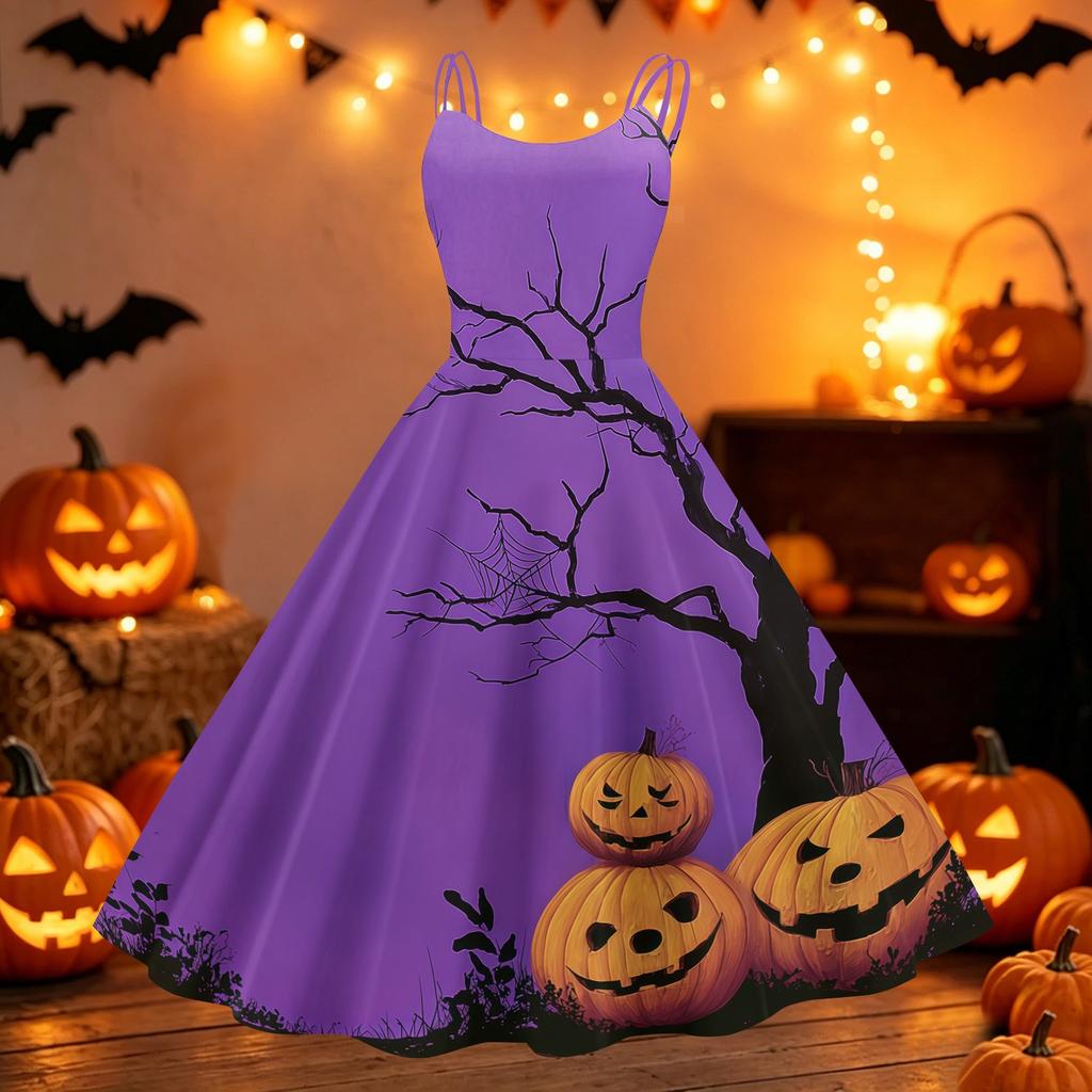 Women's Halloween Printed Off Shoulder Dress Vintage Punk Style Flared Midi Dress Spaghetti Strap Casual Party Dress