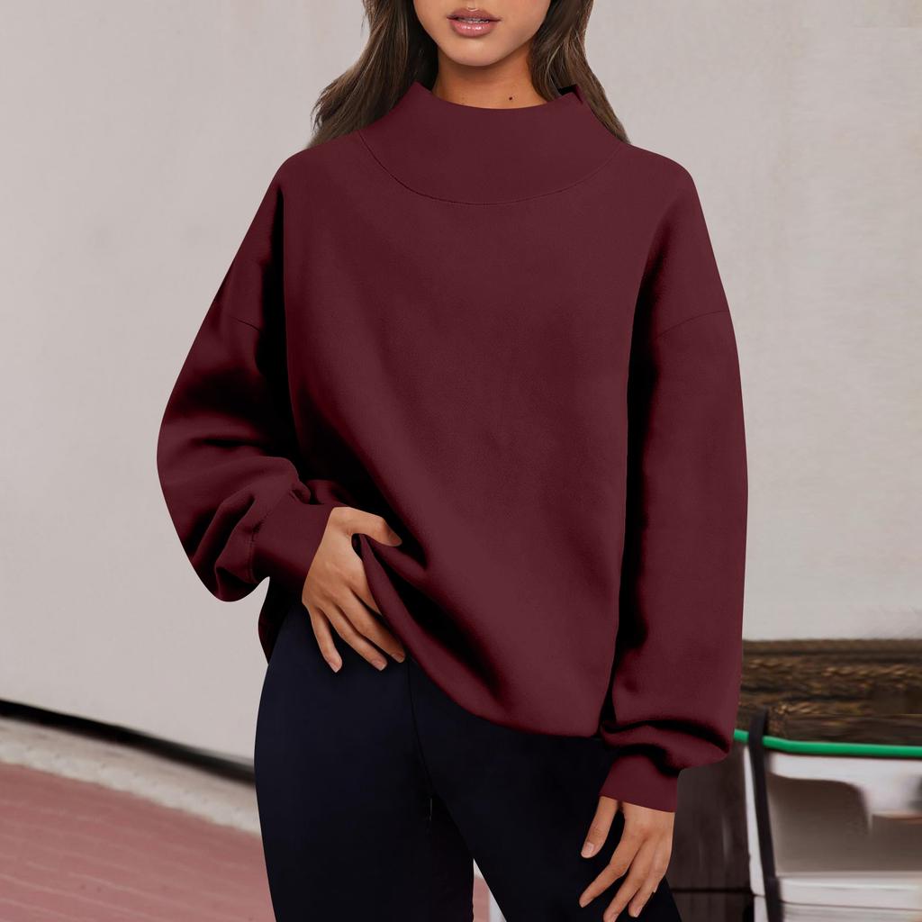 Women's Fashion Solid Color Long Sleeve Loose Slit Half Turtleneck Pullover Sweatshirt Top