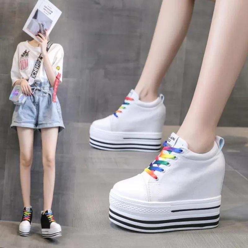Fashion 10CM Heels Wedge Canvas Shoes Woman High Platform Sneakers Vulcanized Shoes Hidden Heel Height Increasing Casual Shoes