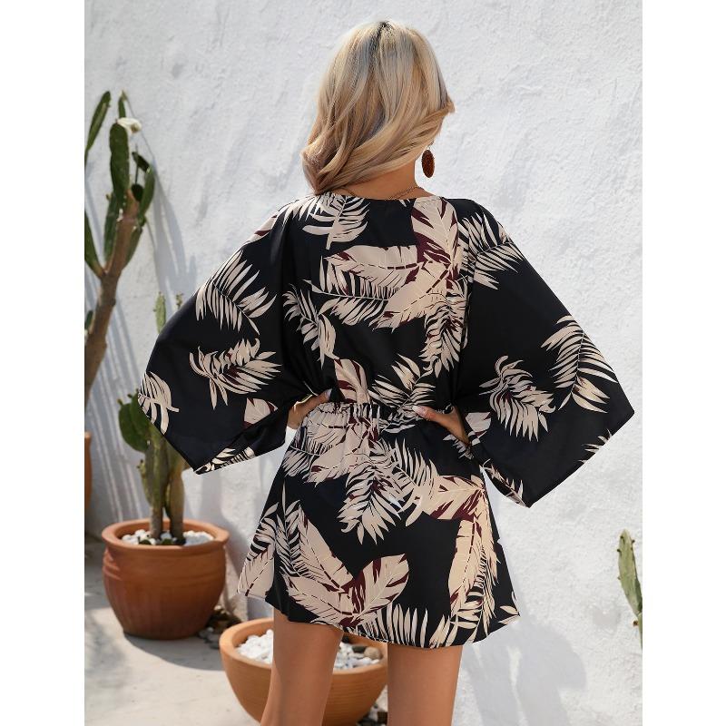 Damen Sommer Blätterdruck Fünfviertelärmel Lässige Strand V-Ausschnitt Kleider