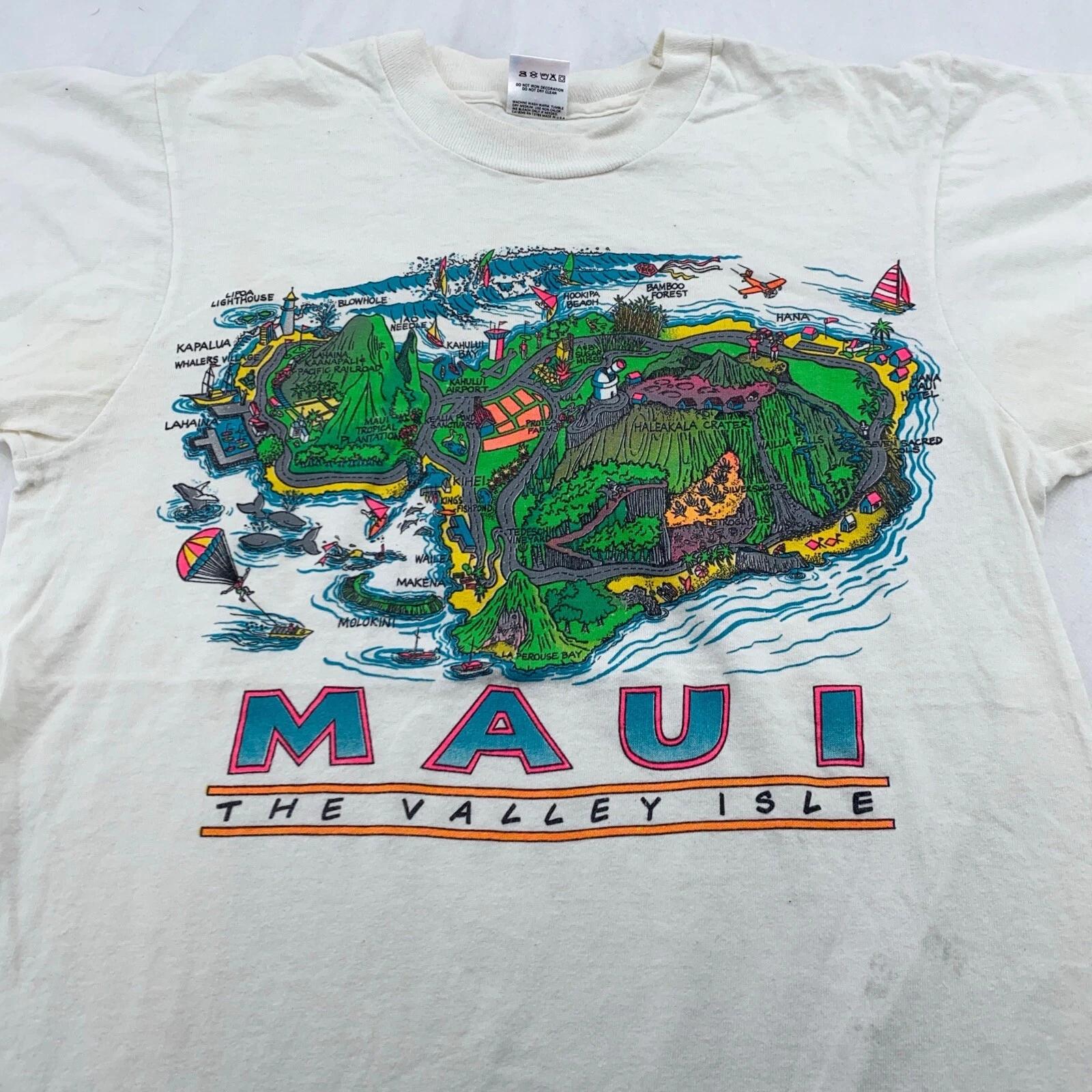 

vintage 90s MAUI HAWAII THE VALLEY ISLE T-Shirt SMALL surf beach art map 4XL
