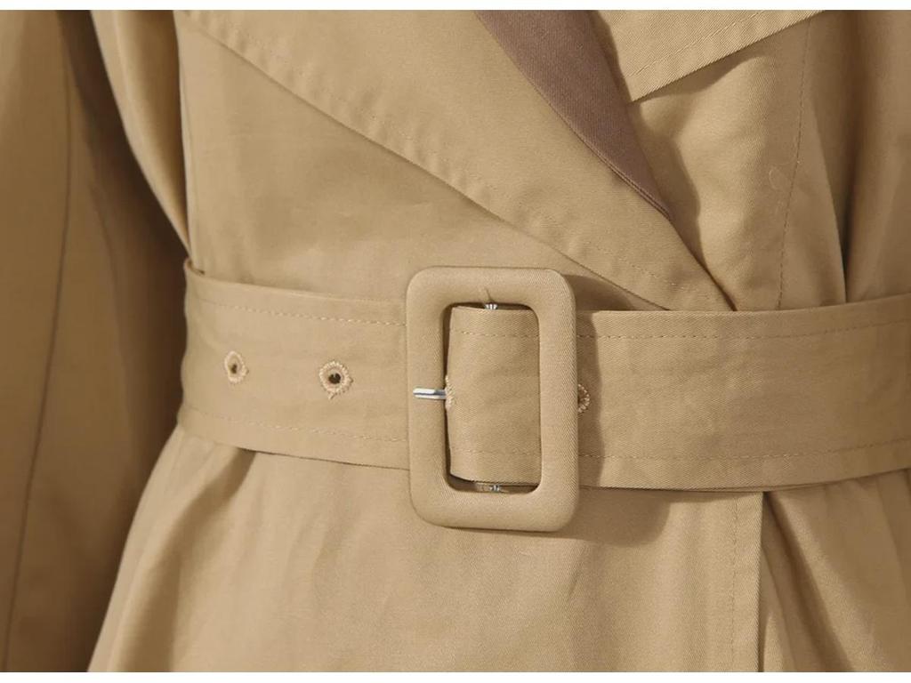 Dámský středně dlouhý dvoubarevný patchworkový trenčkot s oblekovým límečkem – šaty do pasu nad kolena v podzimním stylu