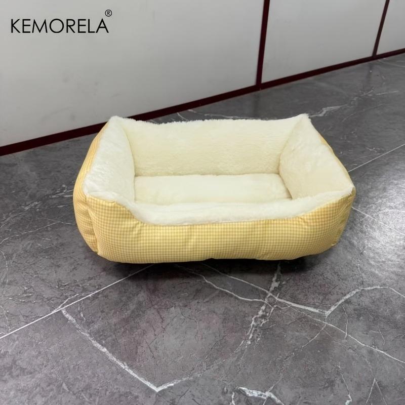 

KEMORELA Square Plush Pet Bed for Winter, Pastoral Pet Sofa Bed Macaron-colored Plaid High Elasticity Thickened Comfort Warm S жовтий