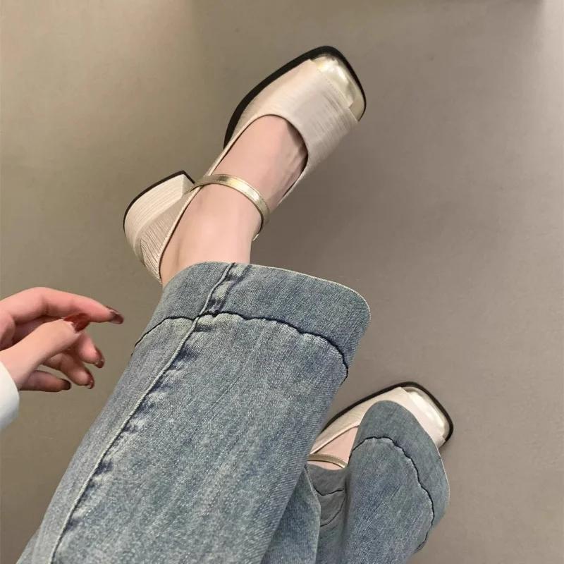 Fashion French Style Block Color Women's Shoes 2024 Spring Autumn New Flat High Heel Shoes Comfortable Commuting Not Tired Feet