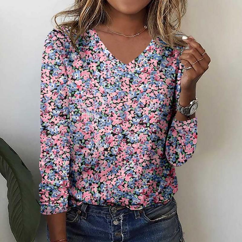 Plus size European and American Fashion 2025 Women's Elegant V-neck Long Sleeve T-shirt