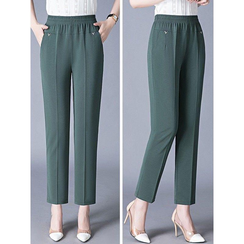 Women's Lightweight Ice Silk High-Waist Casual Pants for Summer - Mid to Elderly, Loose Fit, Nine-Length